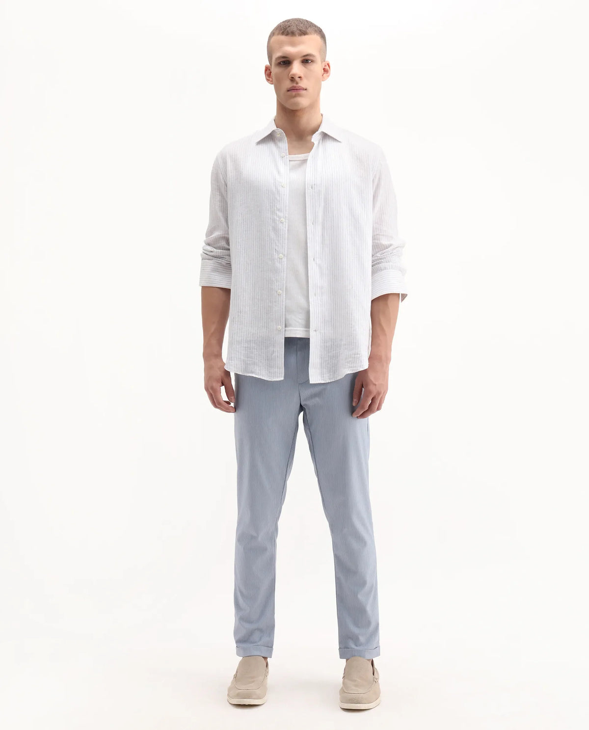 Rare Rabbit Men's Glew Pastel Blue Polyester Blend Striped Print Regular Fit Trouser