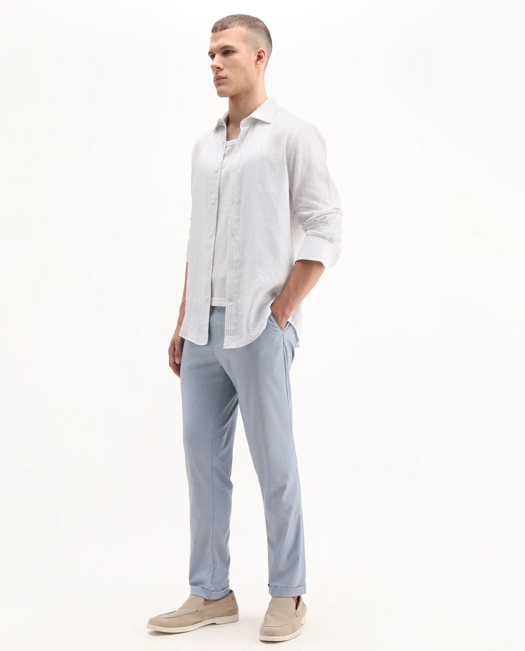Rare Rabbit Men's Glew Pastel Blue Polyester Blend Striped Print Regular Fit Trouser