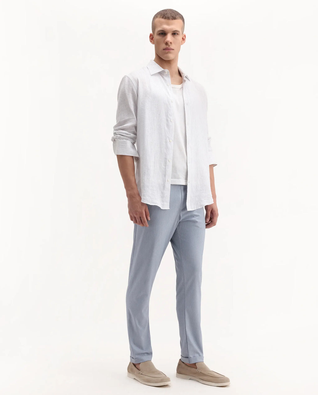 Rare Rabbit Men's Glew Pastel Blue Polyester Blend Striped Print Regular Fit Trouser