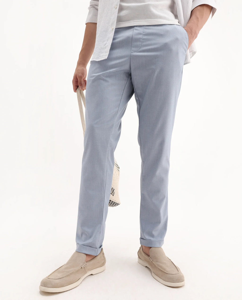 Rare Rabbit Men's Glew Pastel Blue Polyester Blend Striped Print Regular Fit Trouser