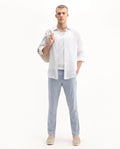 Rare Rabbit Men's Glew Pastel Blue Polyester Blend Striped Print Regular Fit Trouser