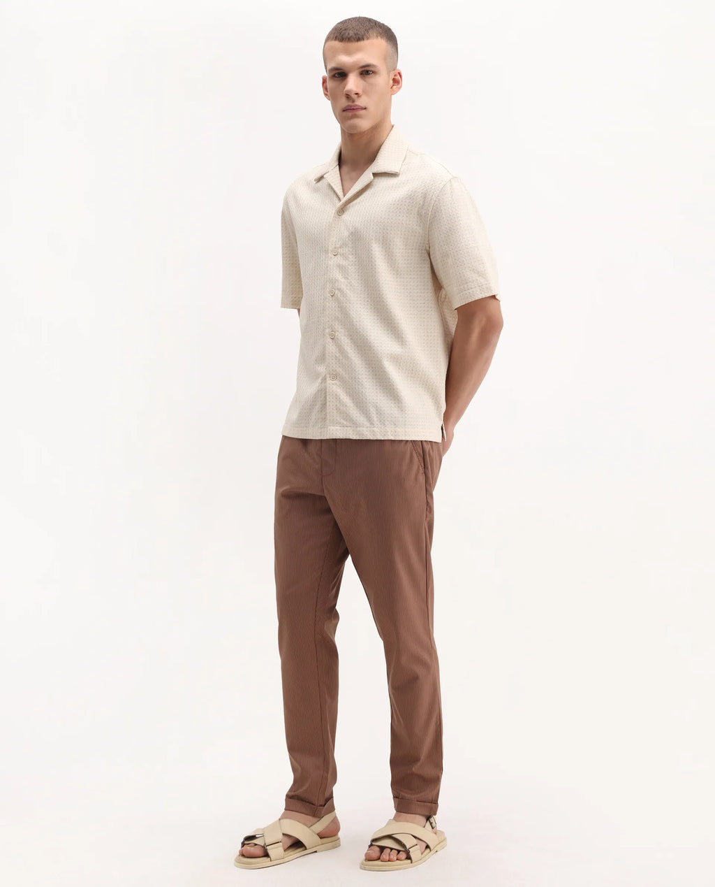 Rare Rabbit Men's Glew Rust Polyester Blend Striped Print Regular Fit Trouser