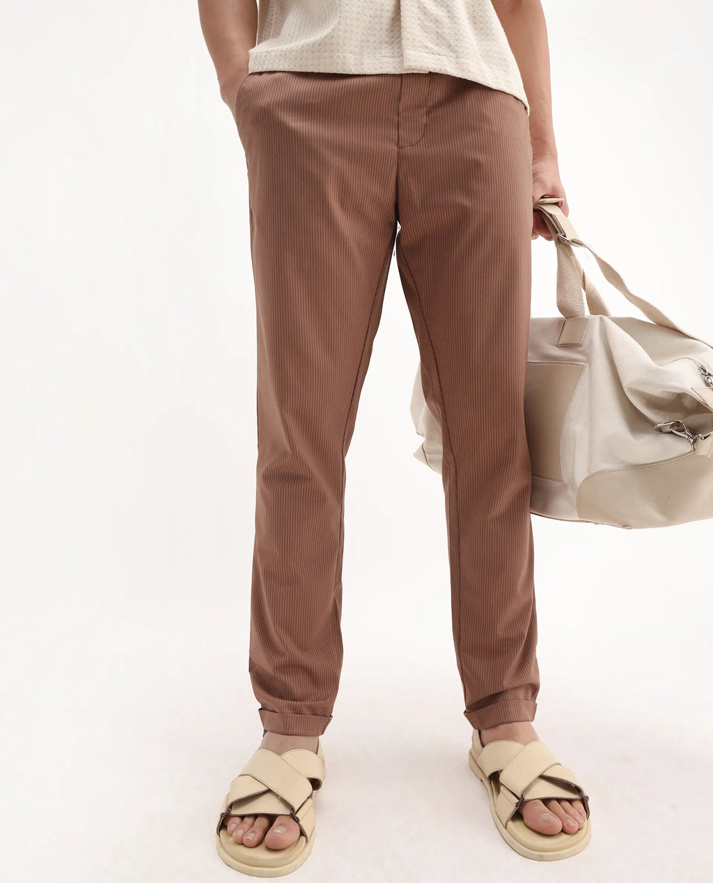 Rare Rabbit Men's Glew Rust Polyester Blend Striped Print Regular Fit Trouser
