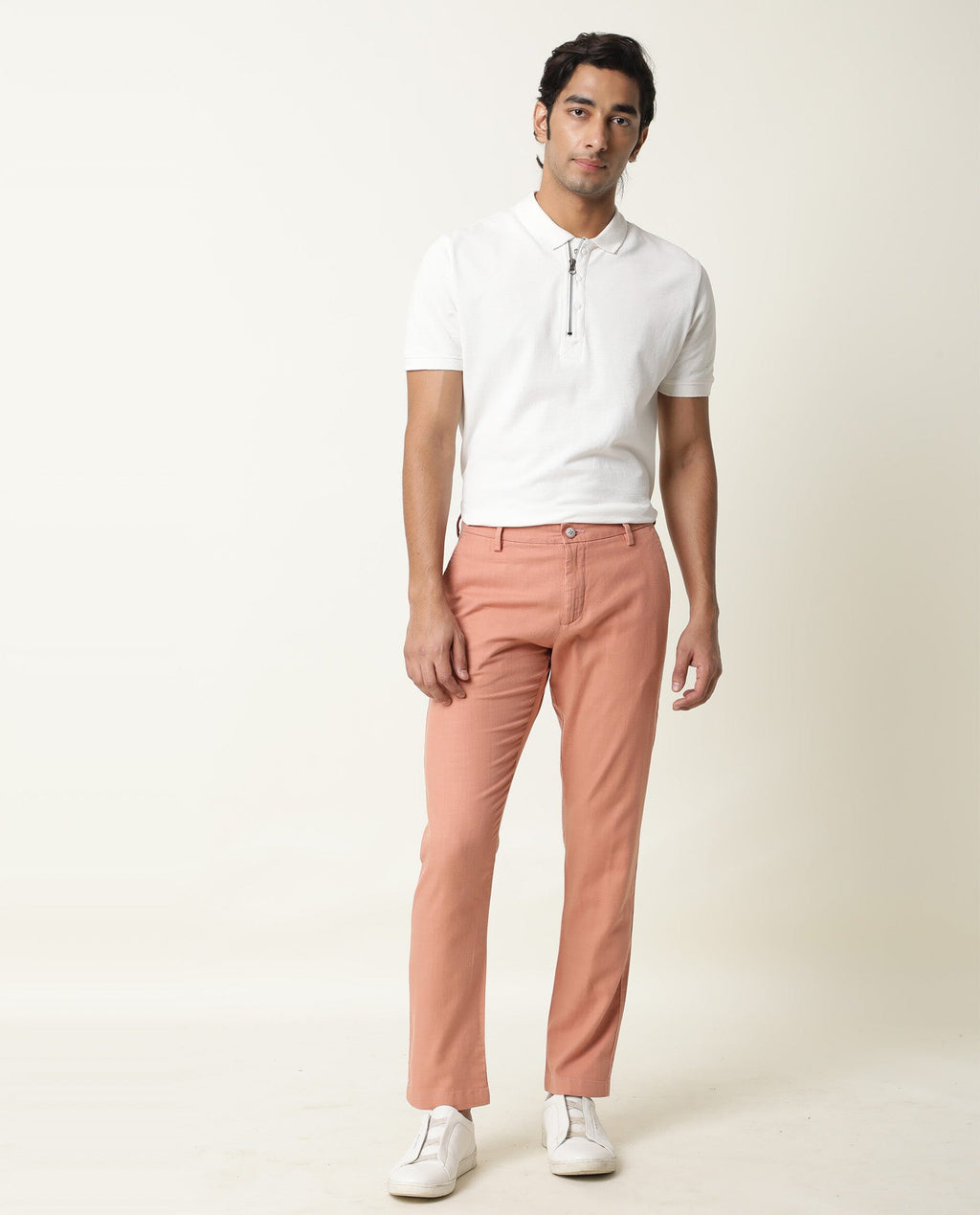 Rare Rabbit Men's Corn Pink Cotton Plain Regular Fit Trouser