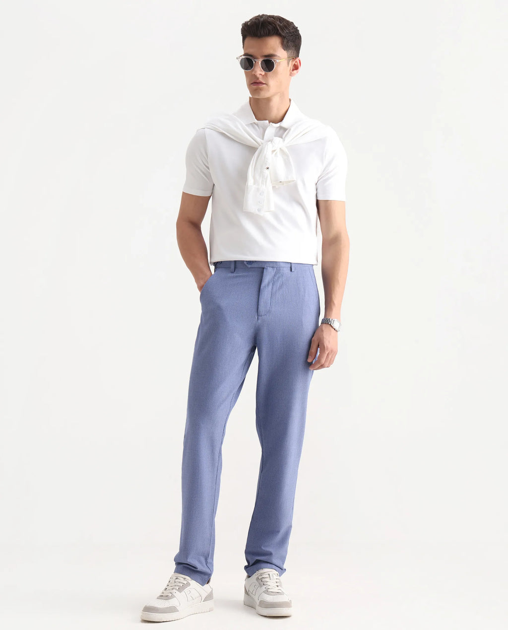 Rare Rabbit Men's Horon Blue Polyester Blend Plain Baggy Fit Trouser