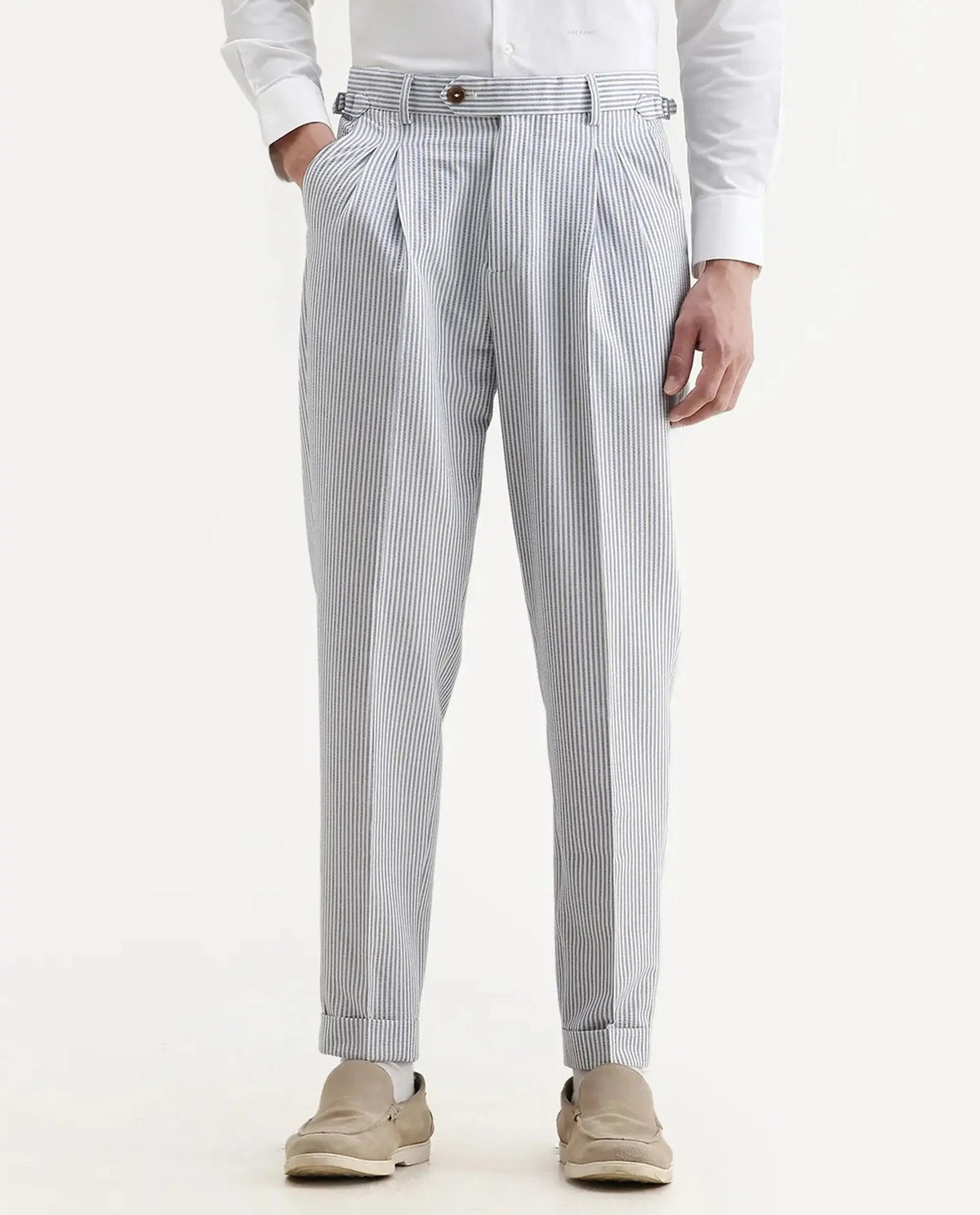 Rare Rabbit Men's Ace Light Blue Polyester Blend Striped Print Relaxed Fit Trouser