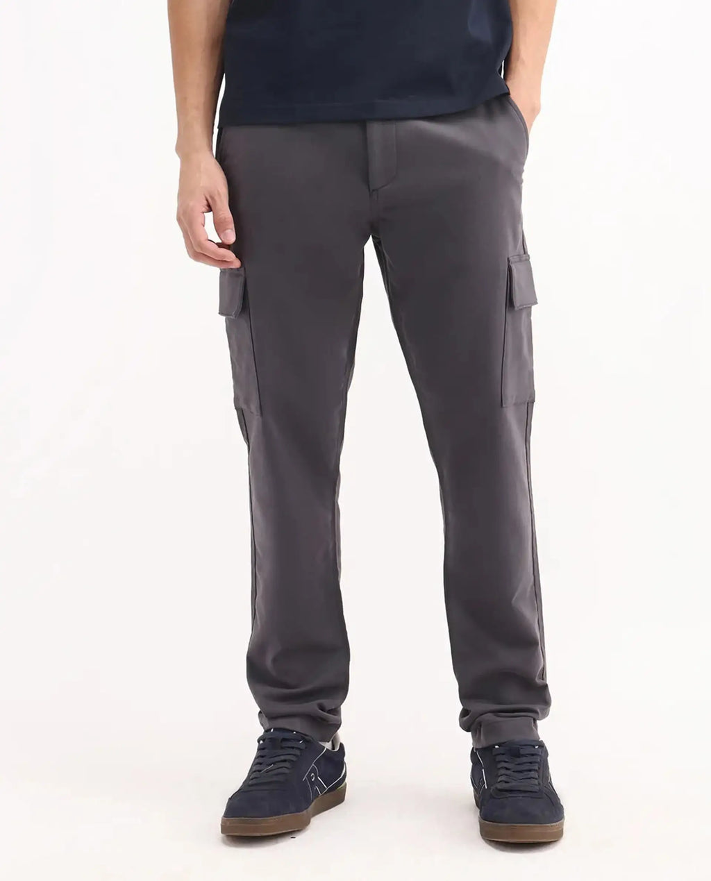 Rare Rabbit Men's Aero Dark Grey Cotton Blend Plain Relaxed Fit Trouser