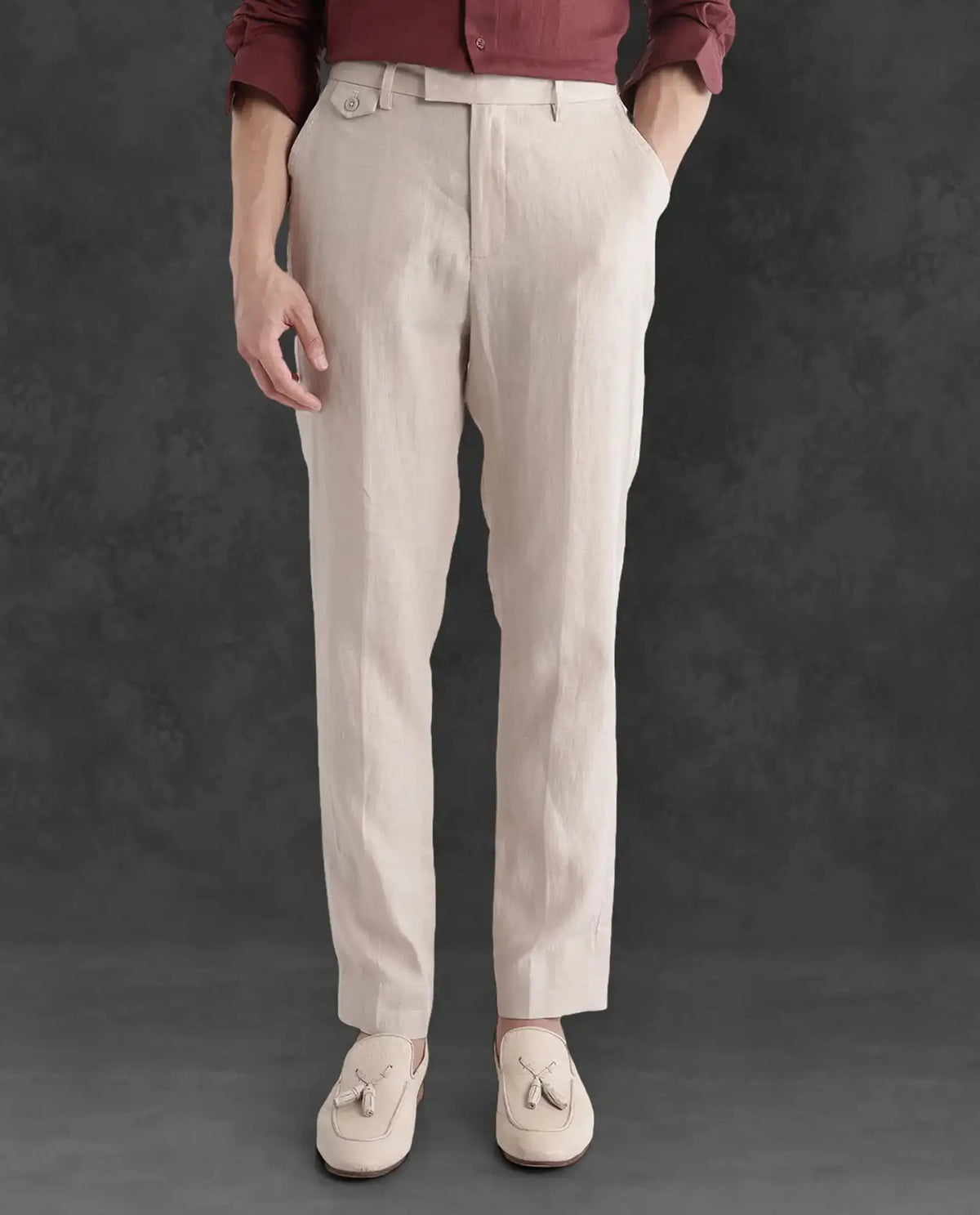 Rare Rabbit Men's Arcelo-2 Beige Linen Plain Regular Fit Trouser