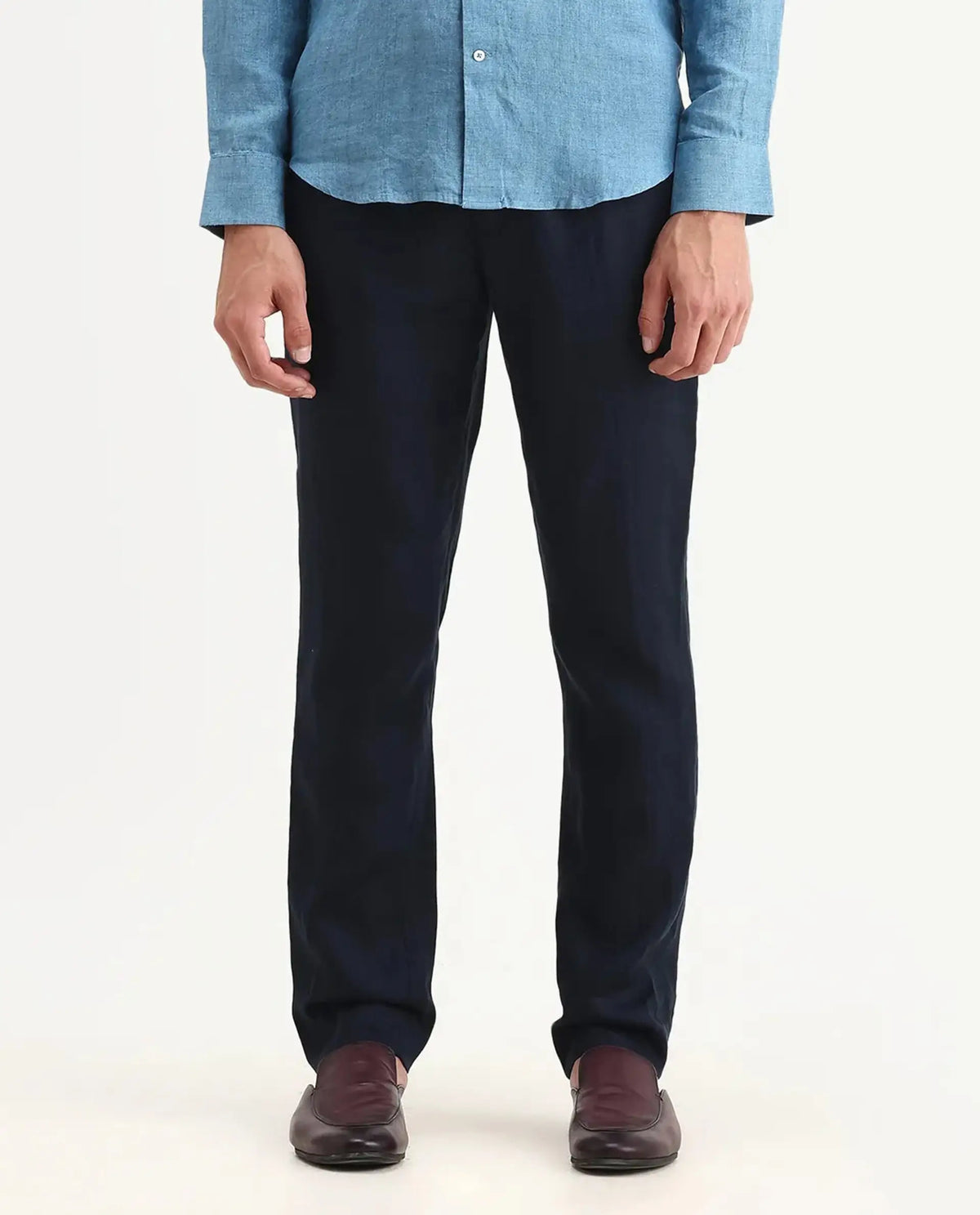 Rare Rabbit Men's Arcelo-2 Navy Linen Plain Regular Fit Trouser