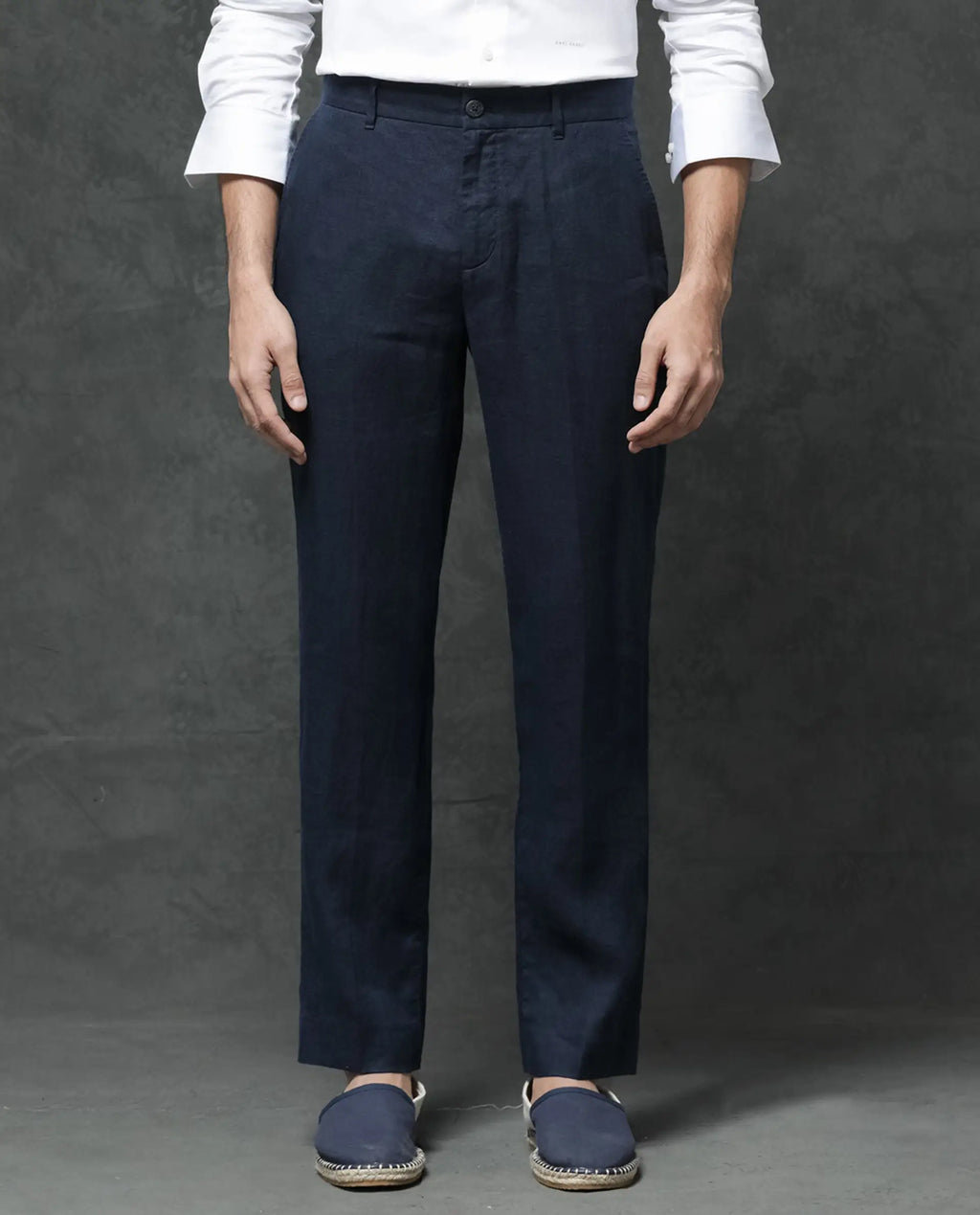Rare Rabbit Men's Arcelo Navy Linen Plain Regular Fit Trouser