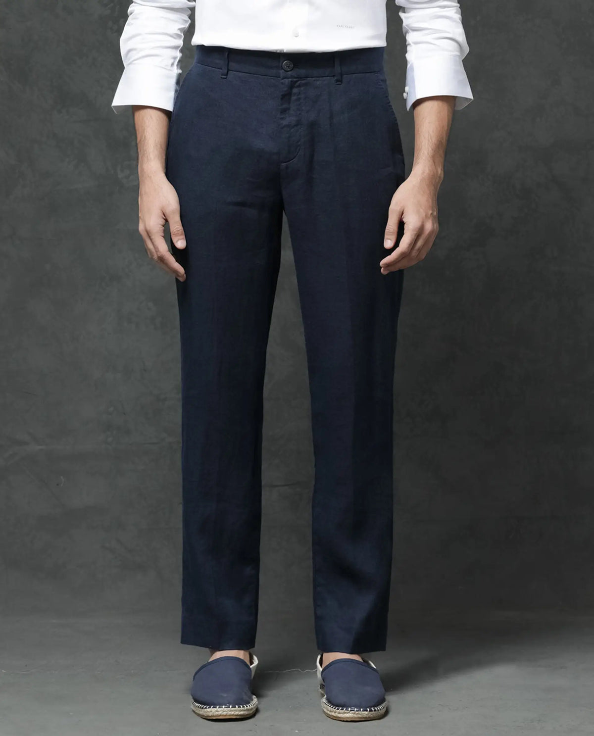 Rare Rabbit Men's Arcelo Navy Linen Plain Regular Fit Trouser