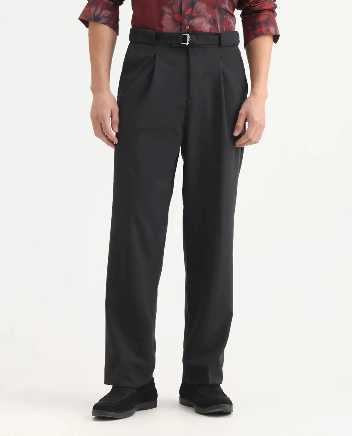 Rare Rabbit Men's Axie Black Cotton Blend Plain Wide Leg Trouser