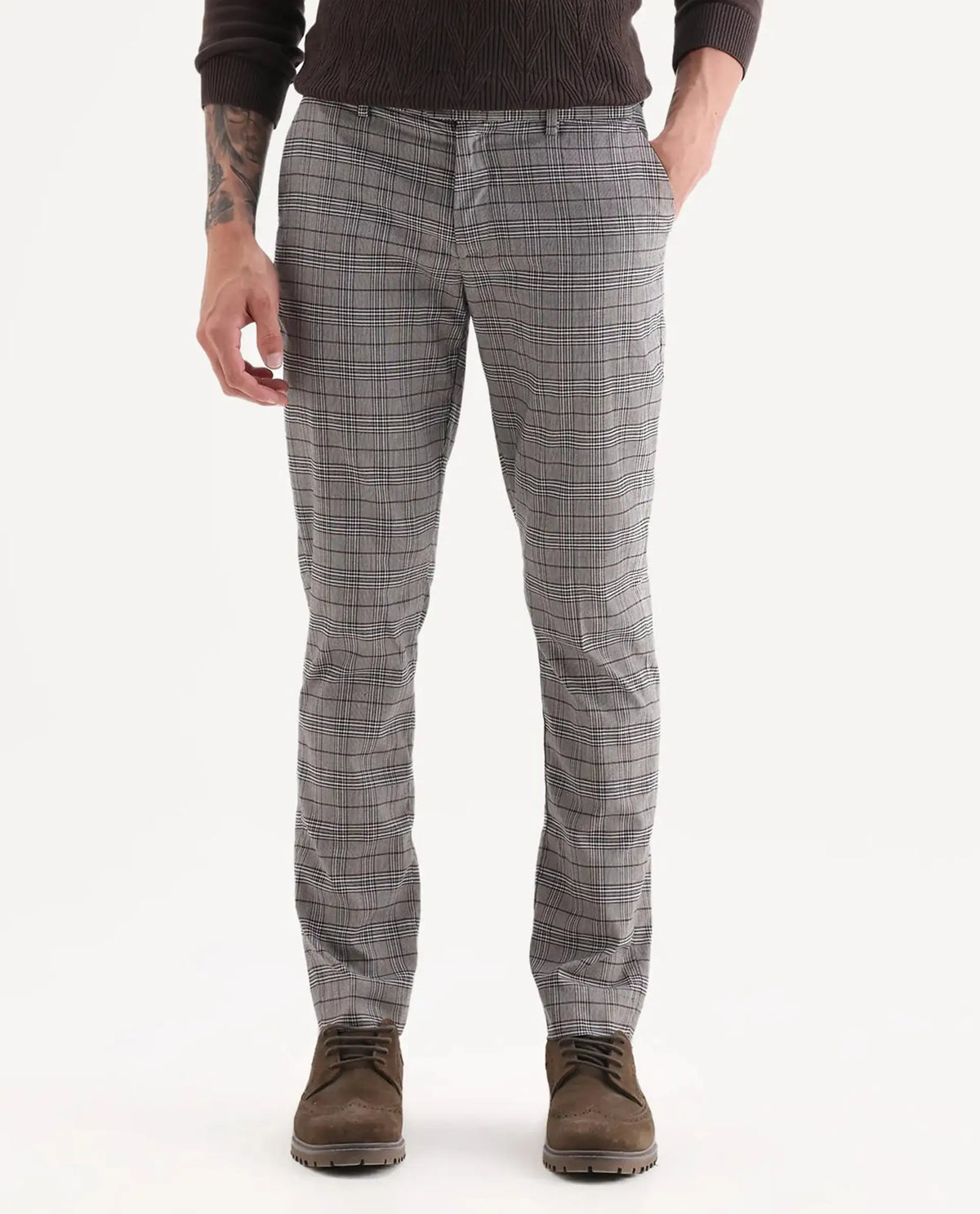 Rare Rabbit Men's Bandon Grey Polyester Blend Checked Print Regular Fit Trouser