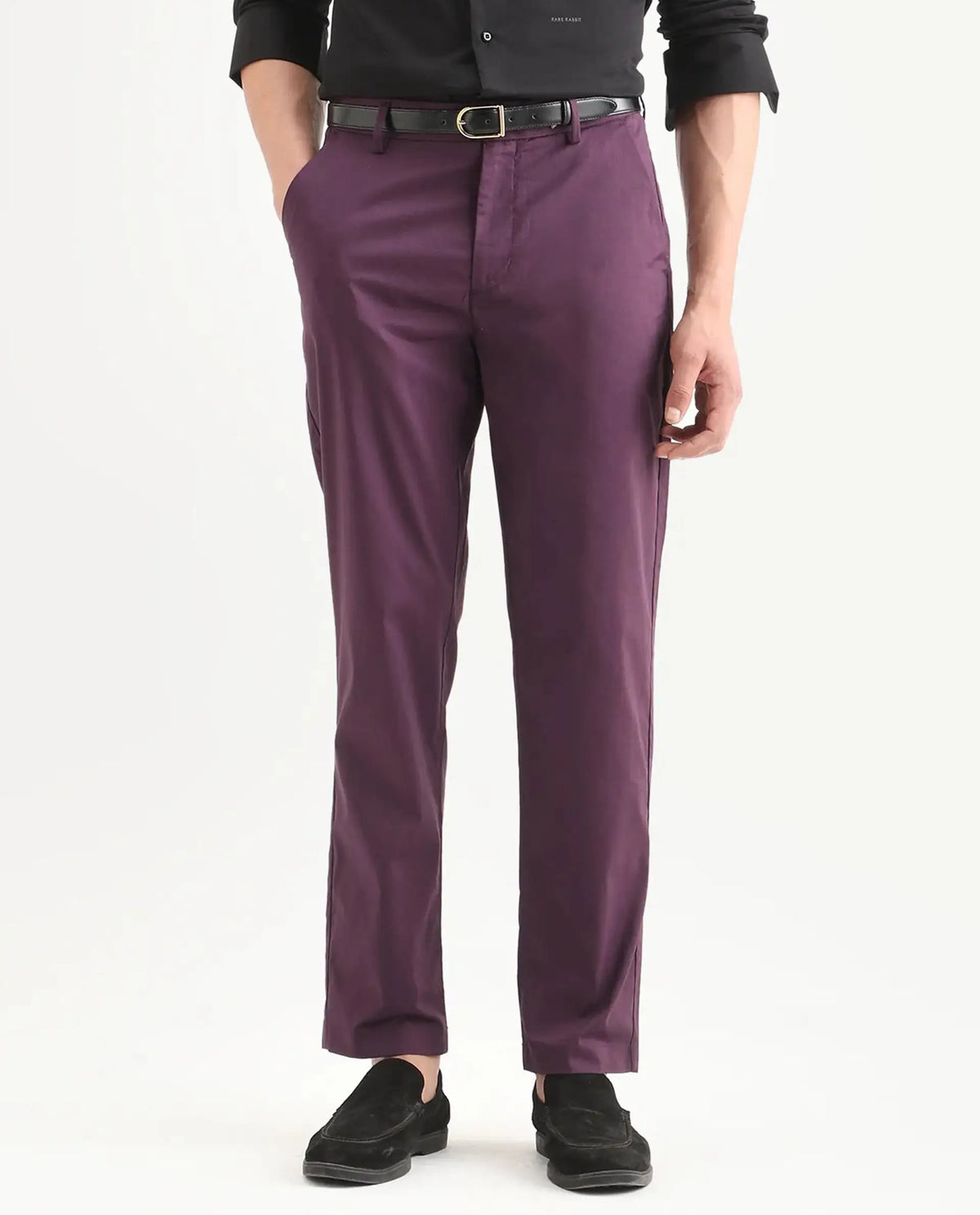 Rare Rabbit Men Bene Dark Purple Cotton Blend Fabric Button Closure Straight Fit Plain Trouser