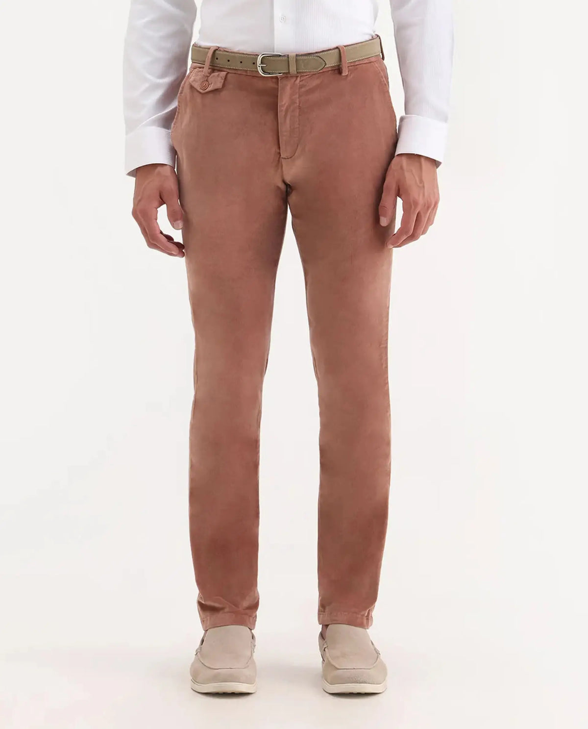 Rare Rabbit Men's Cloy Pink Velvet Plain Regular Fit Trouser