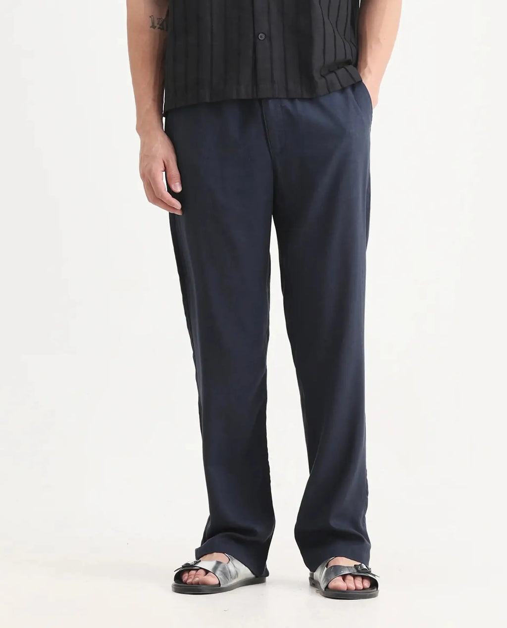 Rare Rabbit Men's Coft-B Navy Linen Blend Plain Loose Fit Trouser