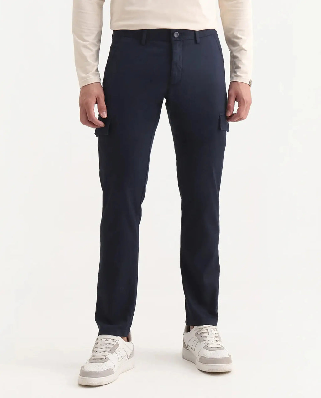 Rare Rabbit Men's Curo Navy Cotton Plain Regular Fit Trouser
