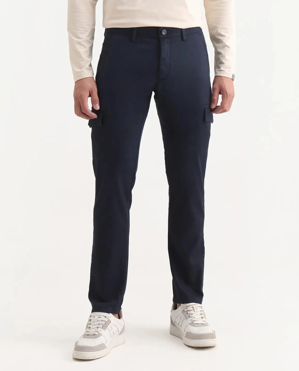 Rare Rabbit Men's Curo Navy Cotton Plain Regular Fit Trouser