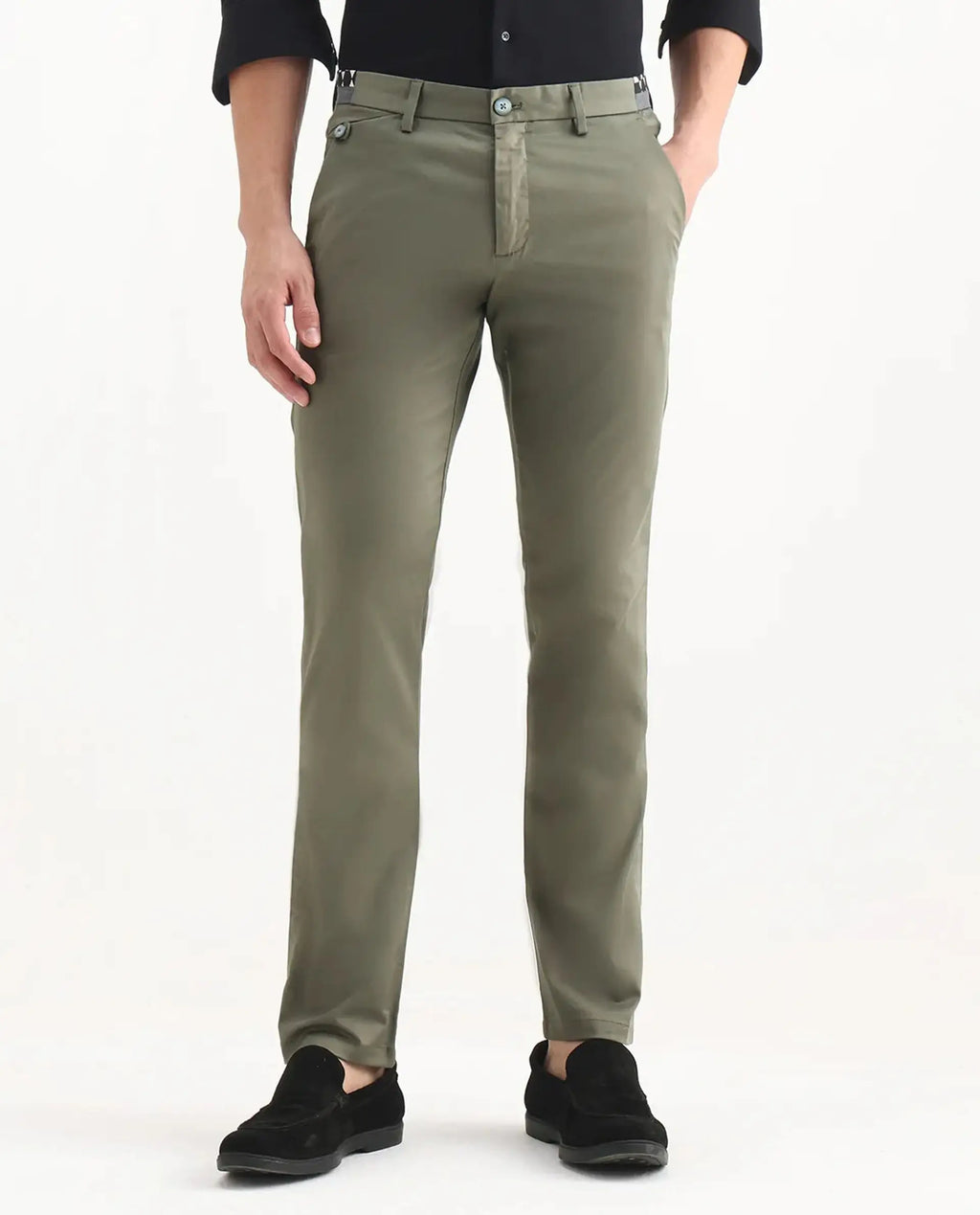 Rare Rabbit Men's Daron Olive Cotton Plain Regular Fit Trouser