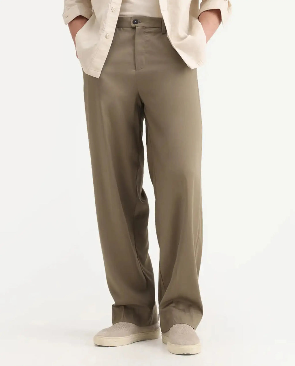 Rare Rabbit Men's Essot Khaki Excel Blend Plain Baggy Fit Trouser