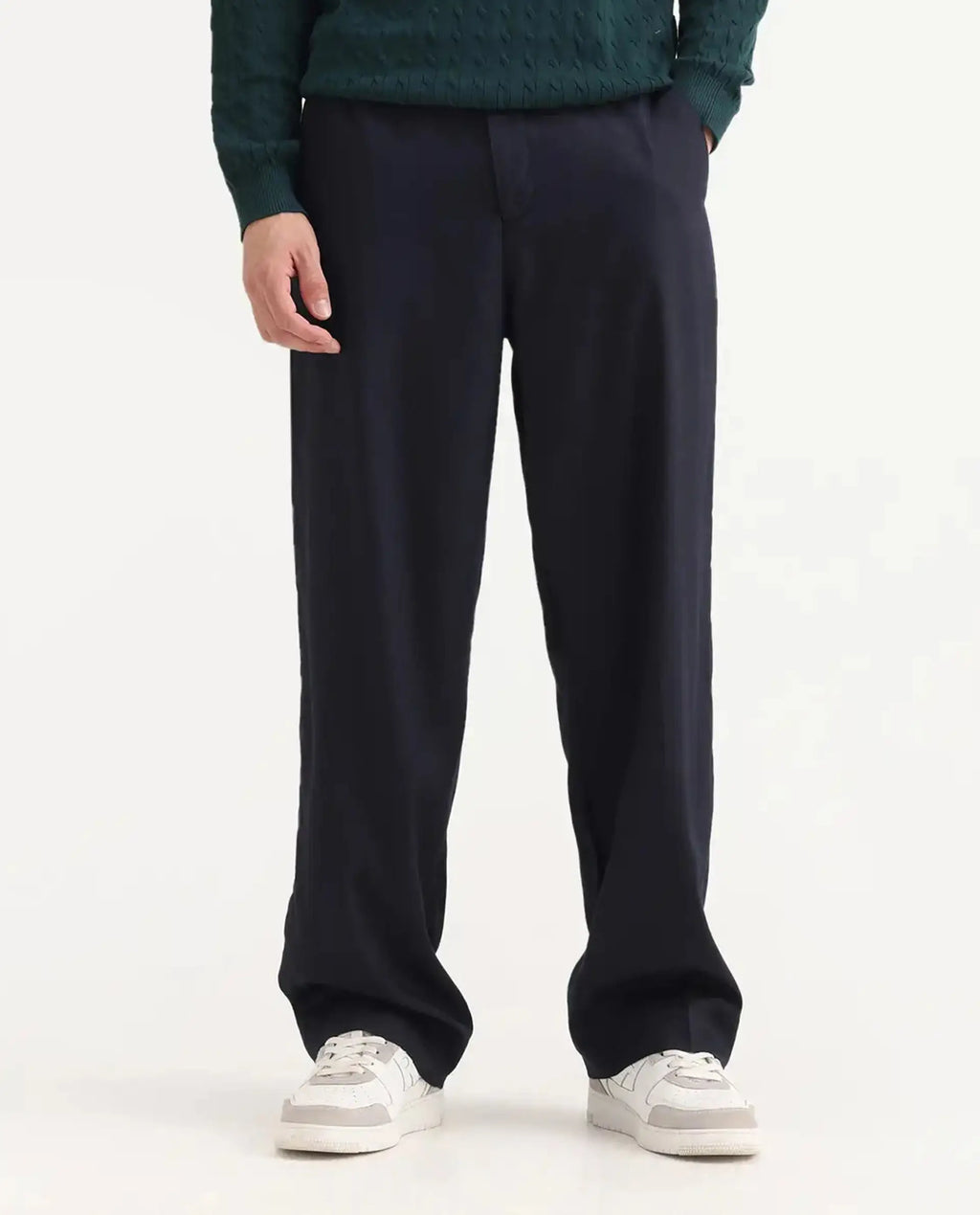 Rare Rabbit Men's Essot Navy Excel Blend Plain Baggy Fit Trouser