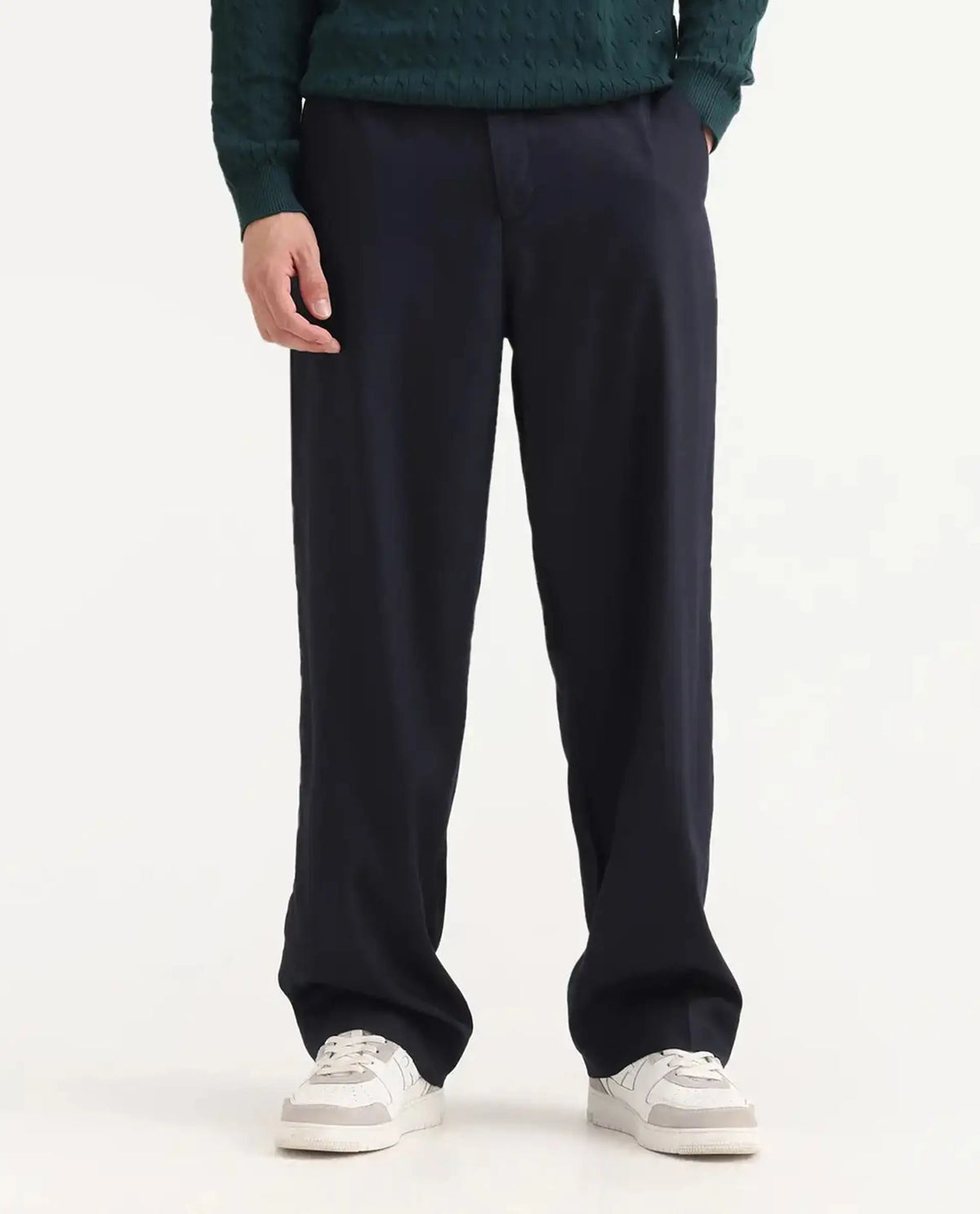 Rare Rabbit Men's Essot Navy Excel Blend Plain Baggy Fit Trouser