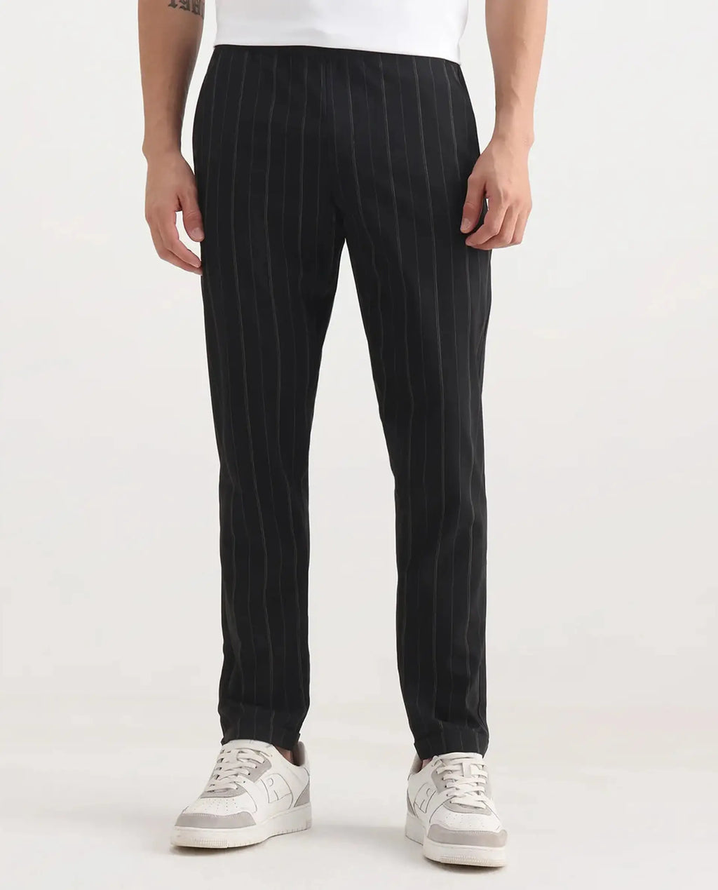 Rare Rabbit Men's Evita Black Polyester Blend Striped Print Regular Fit Trouser