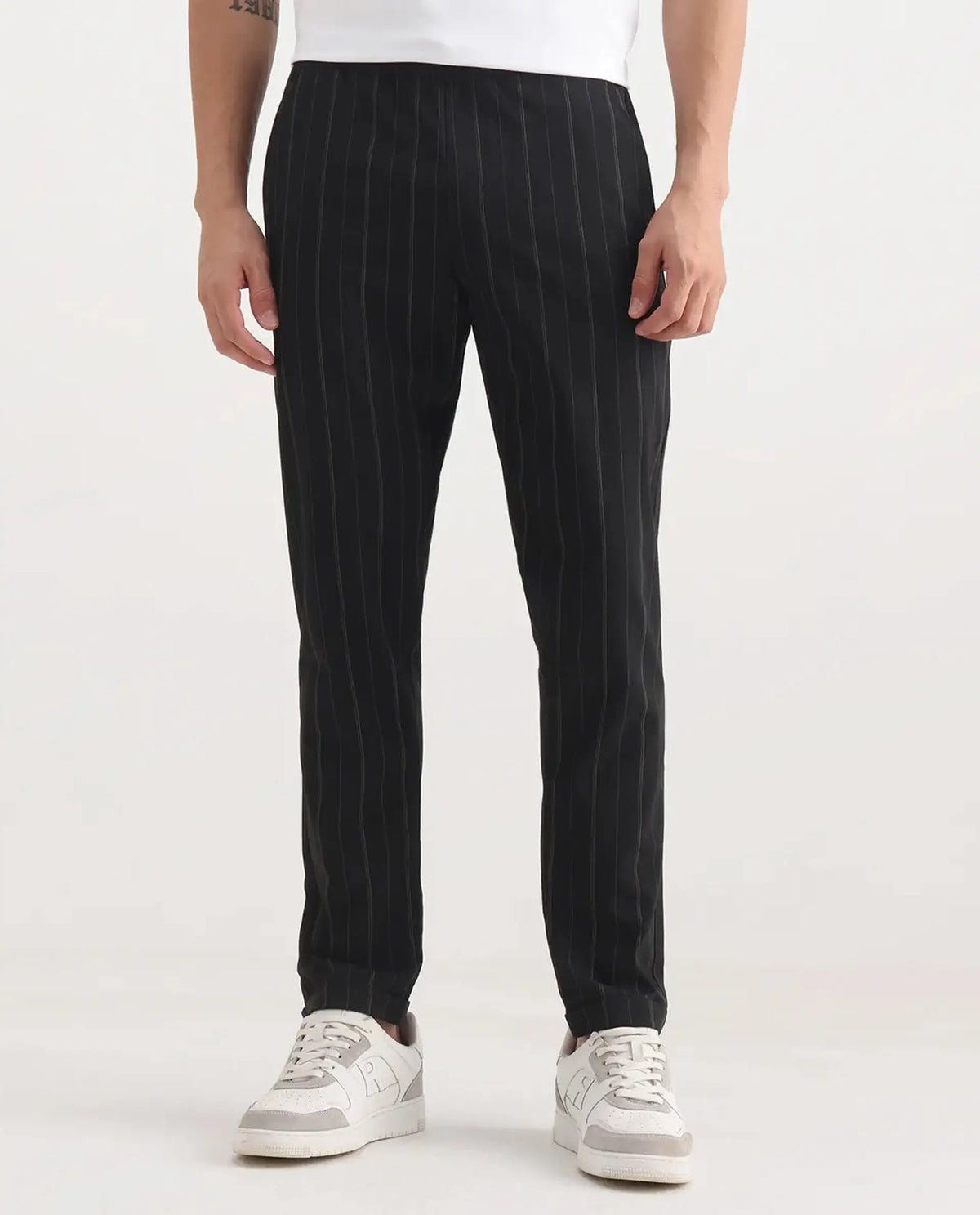 Rare Rabbit Men's Evita Black Polyester Blend Striped Print Regular Fit Trouser