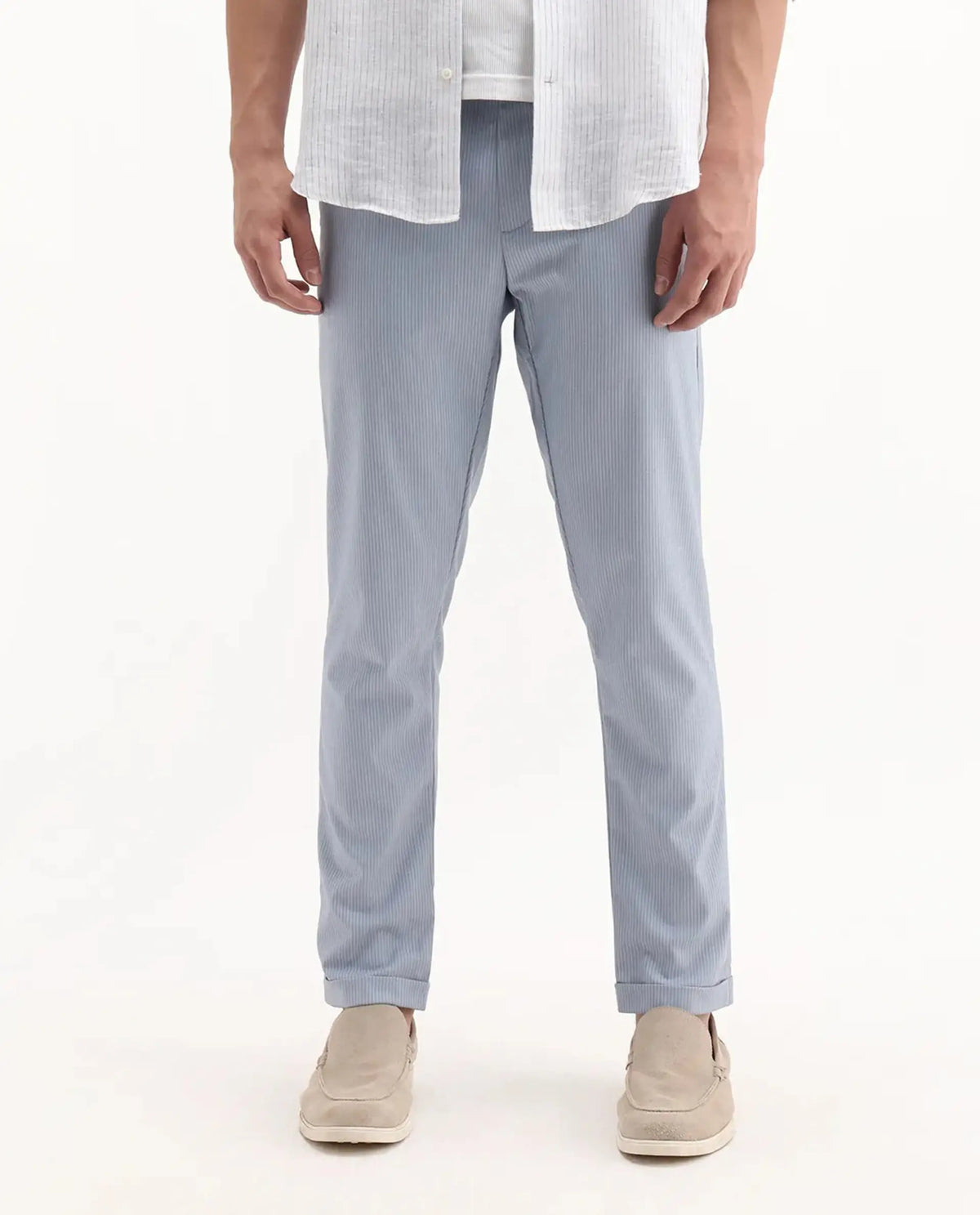 Rare Rabbit Men's Glew Pastel Blue Polyester Blend Striped Print Regular Fit Trouser