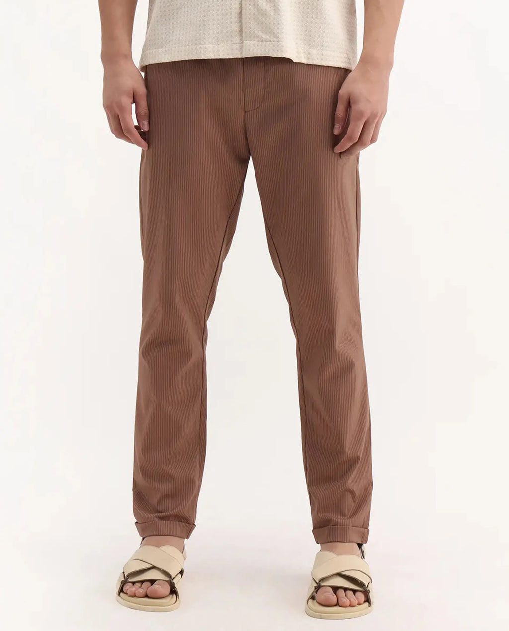 Rare Rabbit Men's Glew Rust Polyester Blend Striped Print Regular Fit Trouser