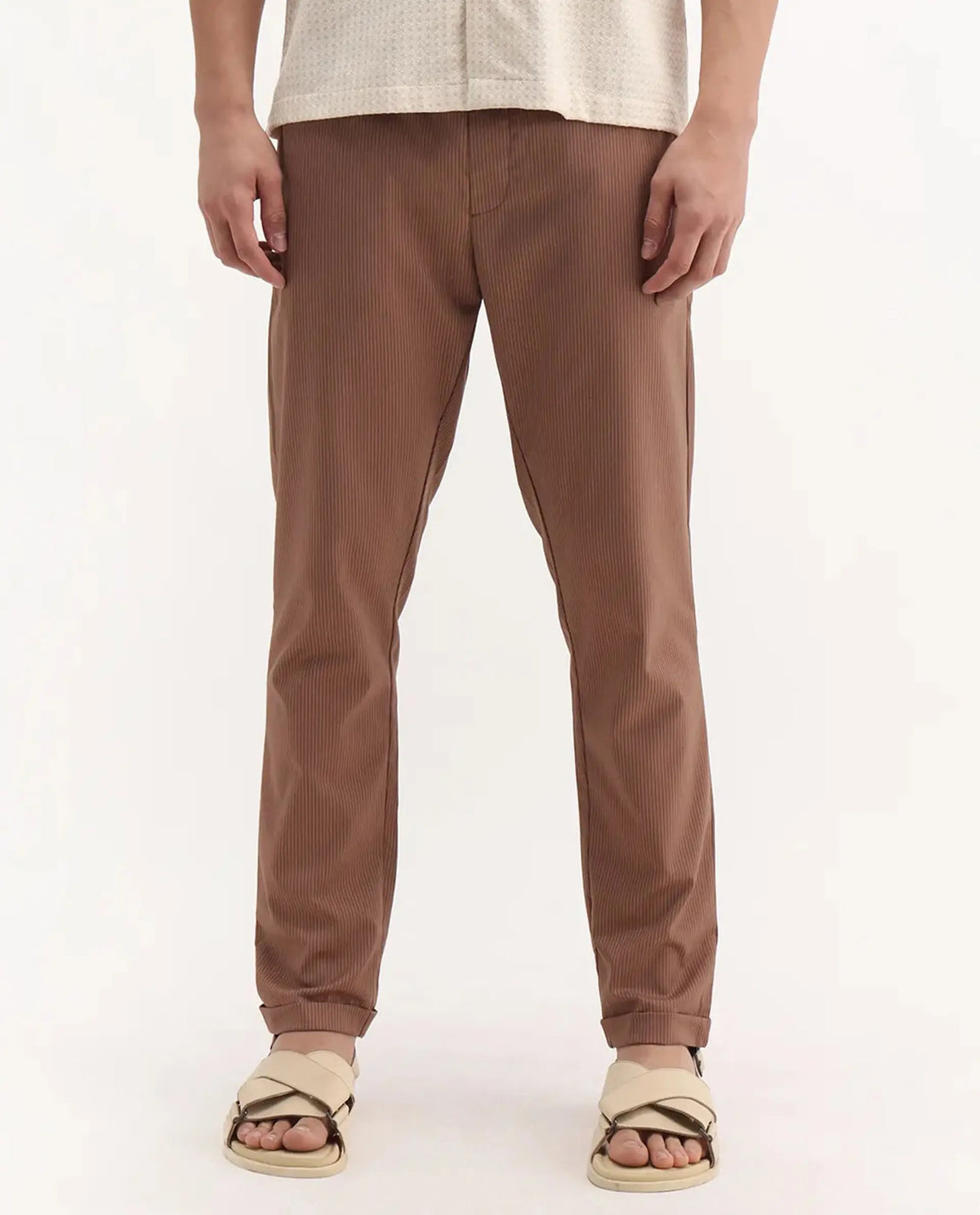Rare Rabbit Men's Glew Rust Polyester Blend Striped Print Regular Fit Trouser