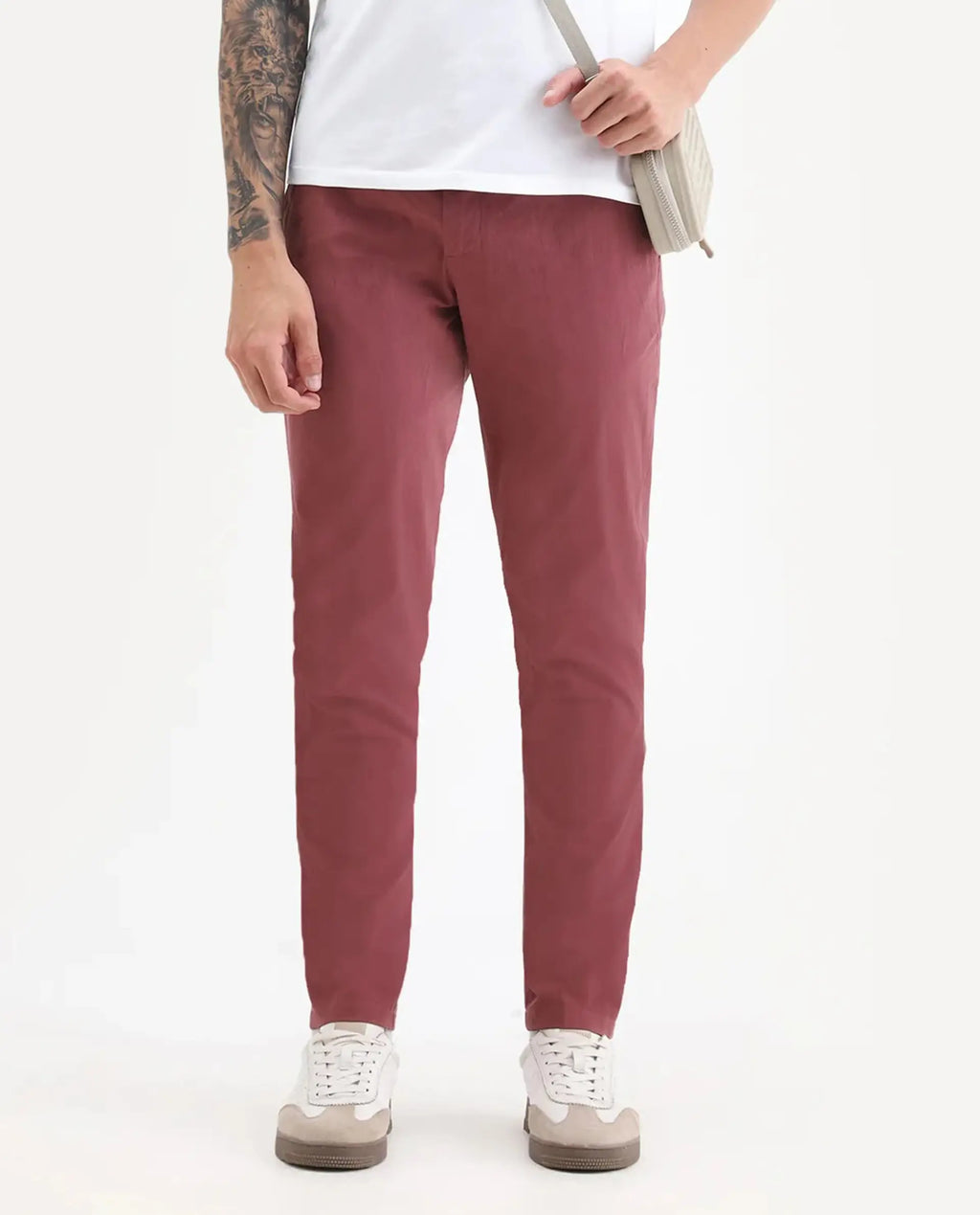 Rare Rabbit Men's Harlow Red Cotton Plain Regular Fit Trouser