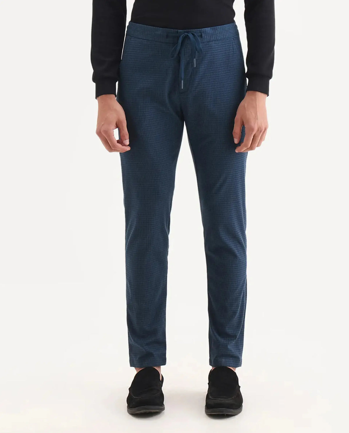 Rare Rabbit Men's Hobbs Petrol Cotton Checked Print Regular Fit Trouser