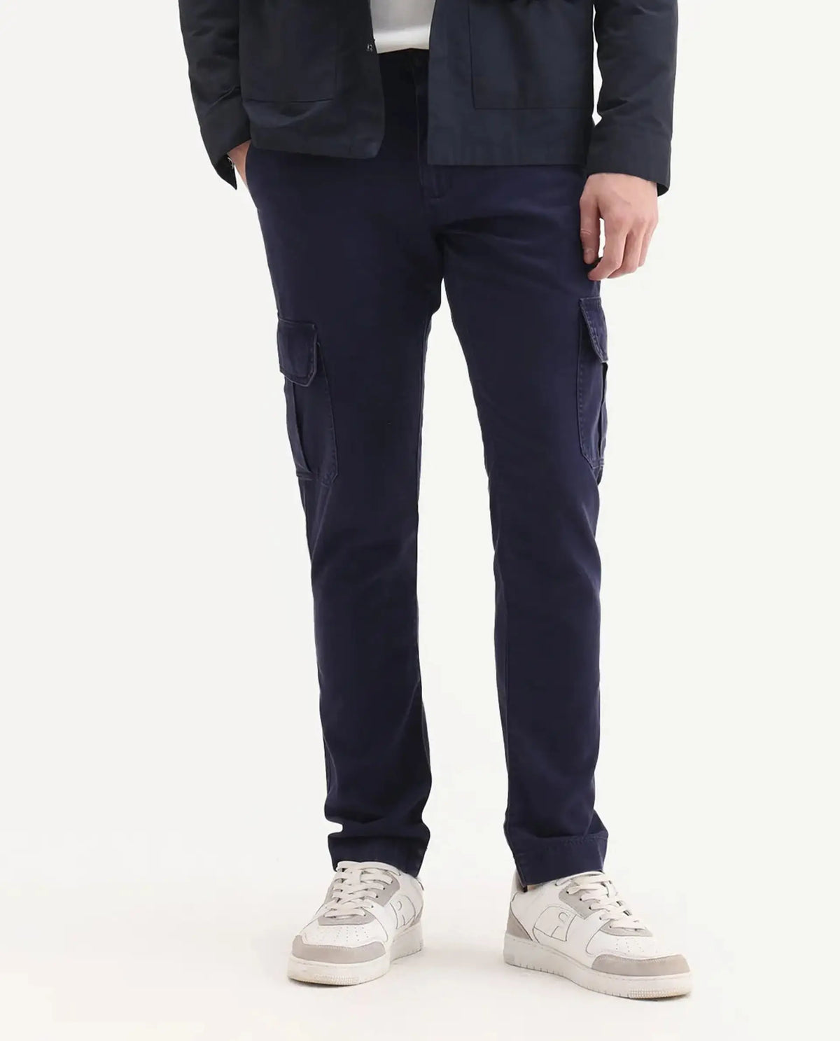 Rare Rabbit Men's Inbuil Navy Cotton Plain Regular Fit Trouser