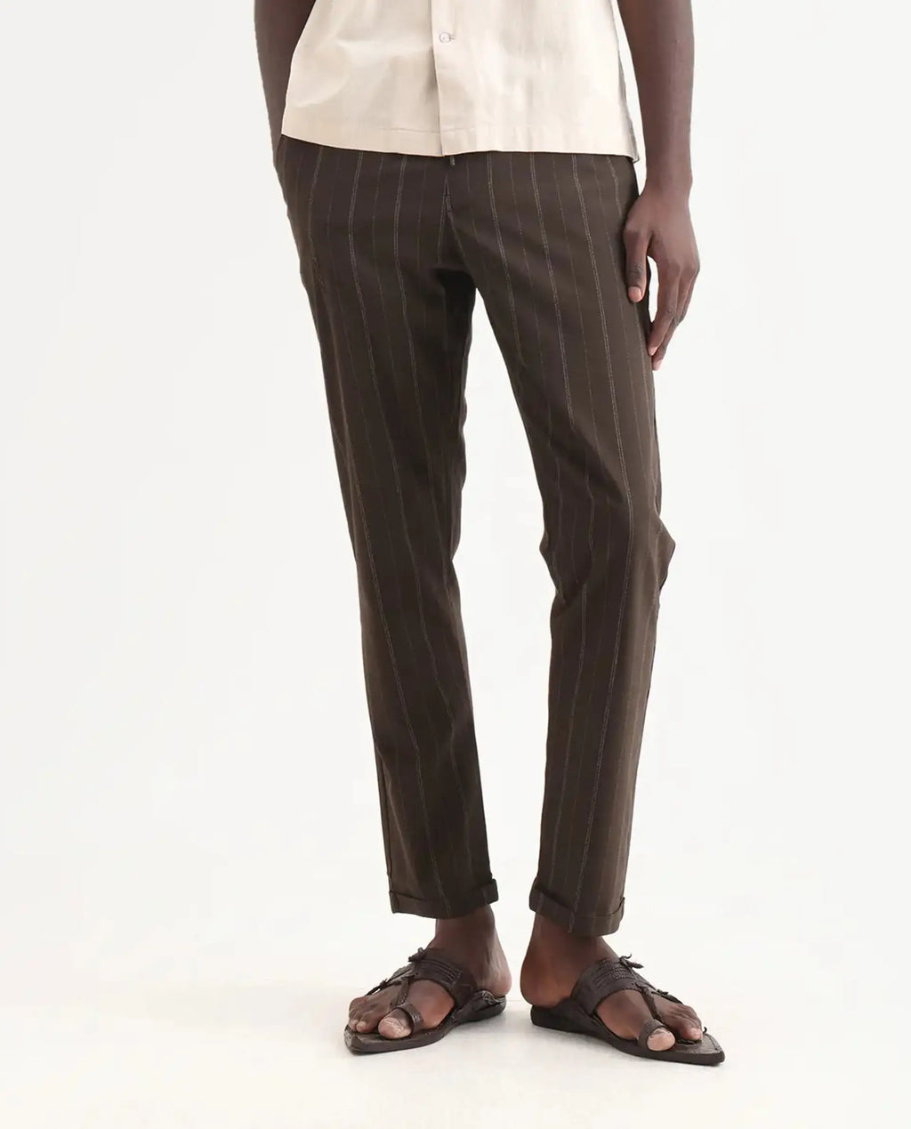 Rare Rabbit Men's Jaret Brown Polyester Blend Striped Print Relaxed Fit Trouser