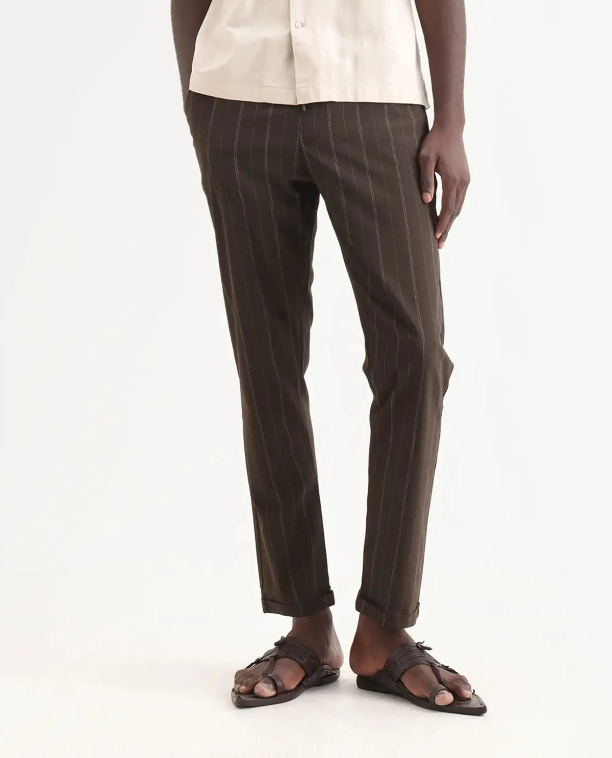 Rare Rabbit Men's Jaret Brown Polyester Blend Striped Print Relaxed Fit Trouser