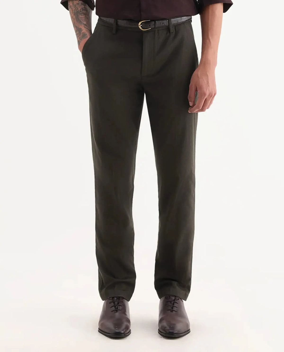 Rare Rabbit Men Jes-Aw25 Dark Olive Cotton Fabric Button Closure Plain Trouser