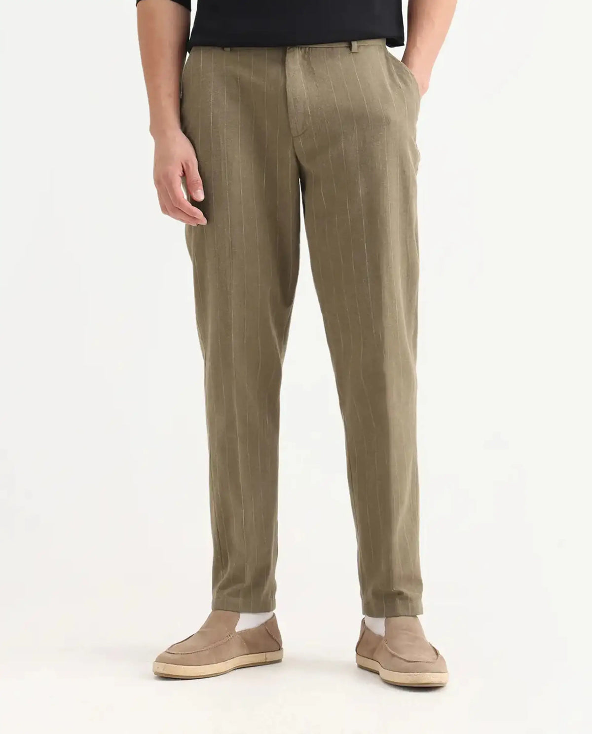 Rare Rabbit Men's Jlo Khaki Linen Blend Striped Print Relaxed Fit Trouser