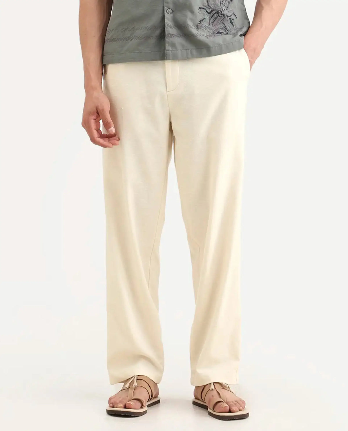 Rare Rabbit Men's Liao Beige Linen Blend Fabric Straight Fit Plain Trouser