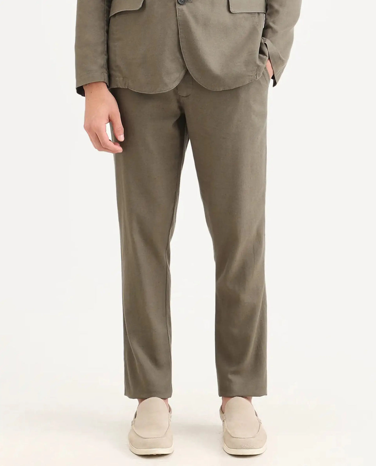 Rare Rabbit Men's Linol-T Dusky Olive Linen Blend Fabric Regular Fit Drawstring Plain Trouser