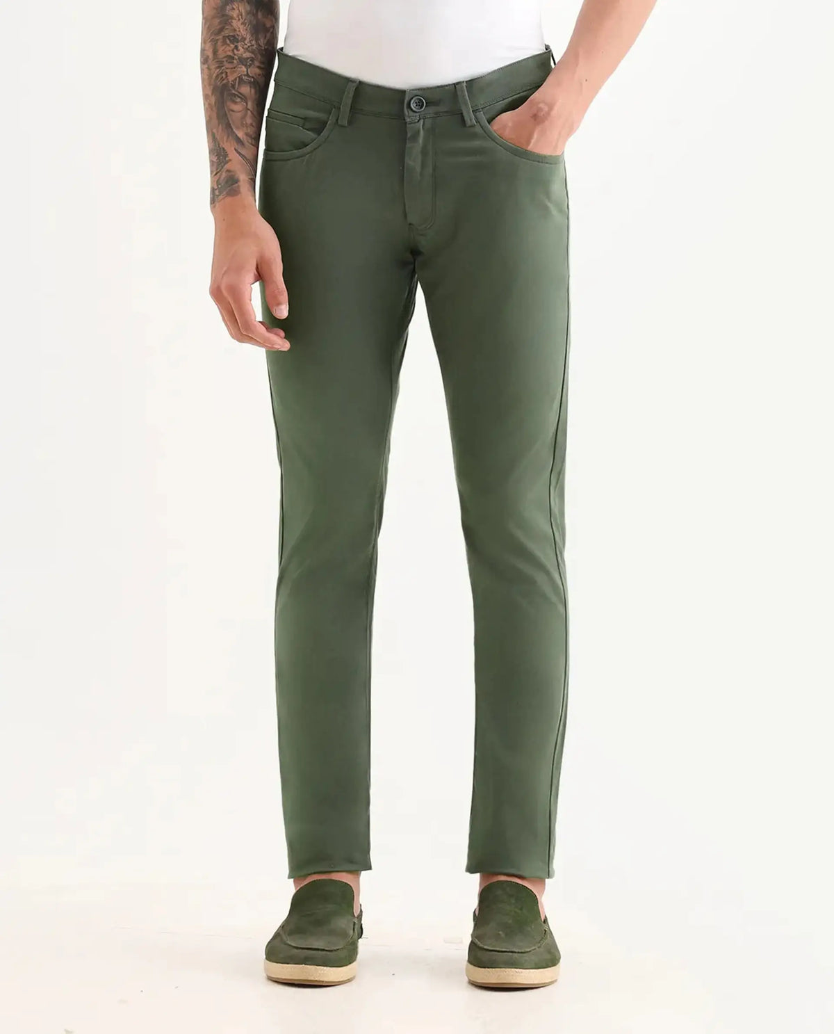 Rare Rabbit Men's Mark Green Cotton Plain Regular Fit Trouser