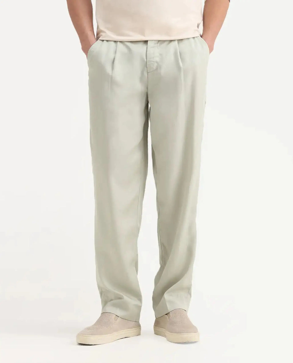 Rare Rabbit Men's Memos Light Green Tencel Plain Regular Fit Trouser