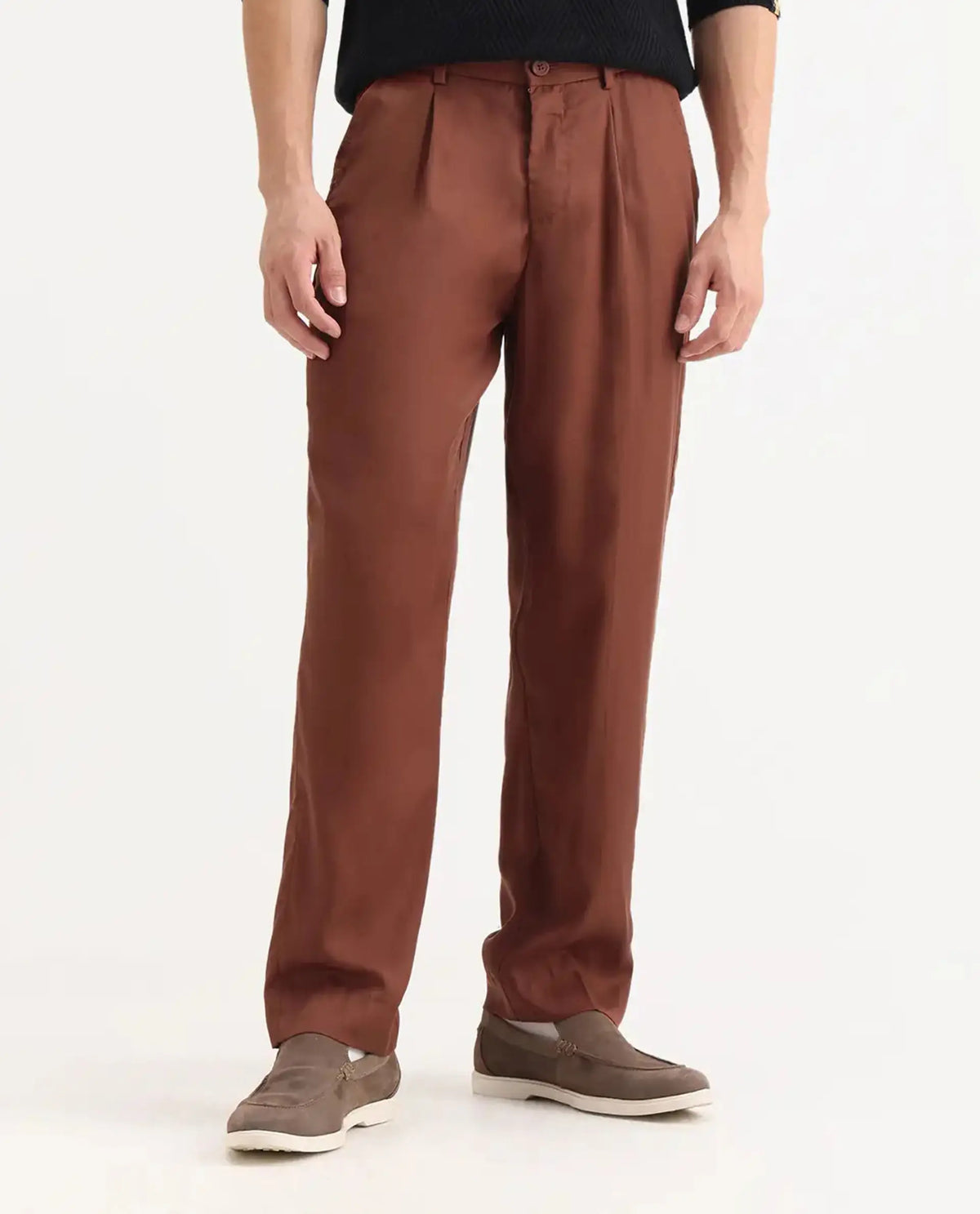 Rare Rabbit Men's Memos Rust Tencel Plain Regular Fit Trouser
