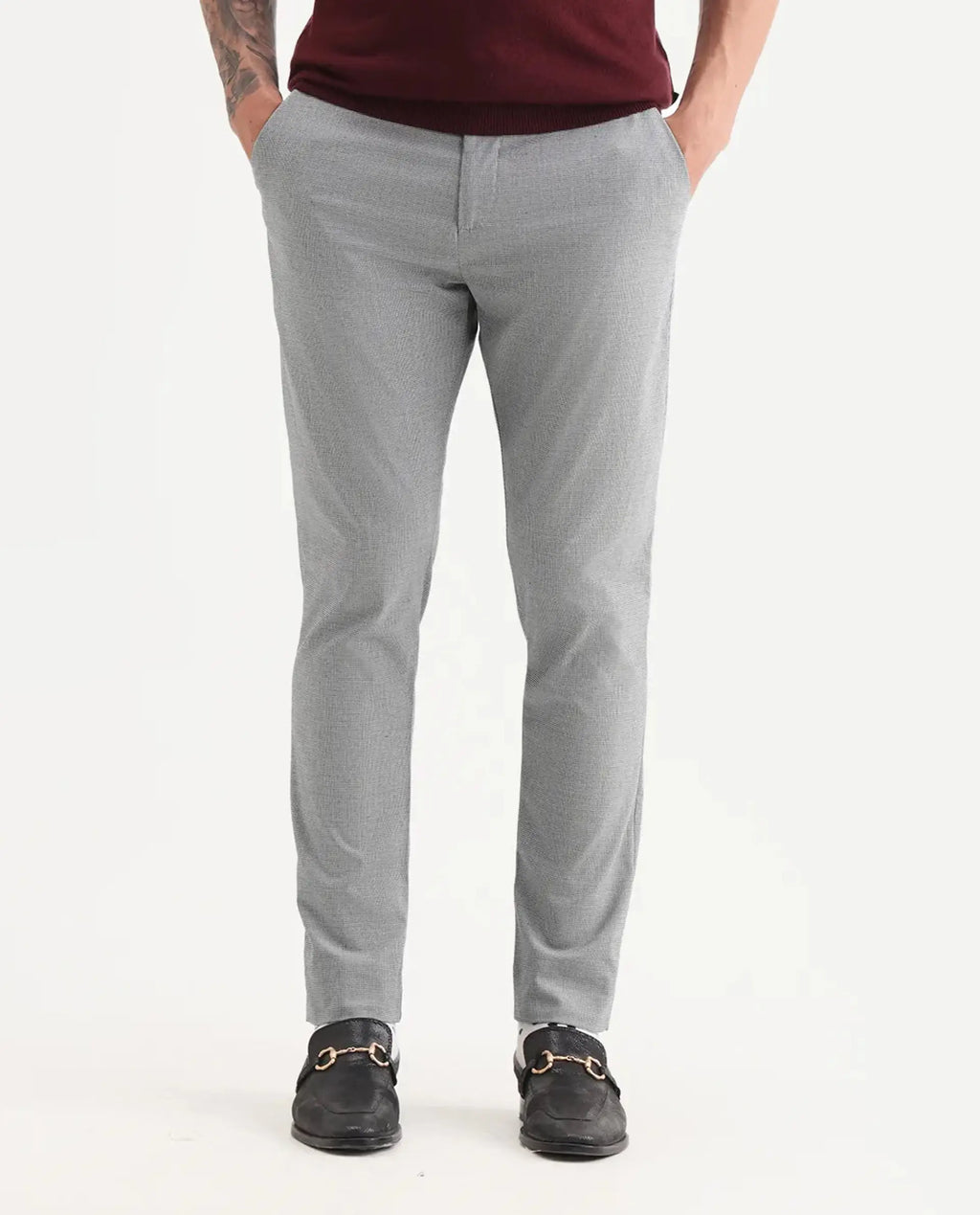 Rare Rabbit Men's Micra-1 Grey Cotton Blend Checked Print Regular Fit Trouser