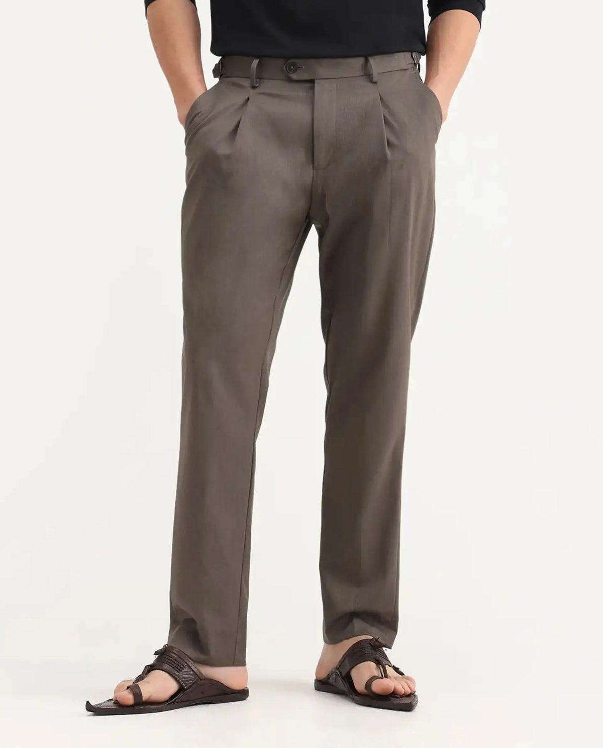 Rare Rabbit Men's Naji Dark Brown Polyester Blend Plain Relaxed Fit Gurkha Trouser