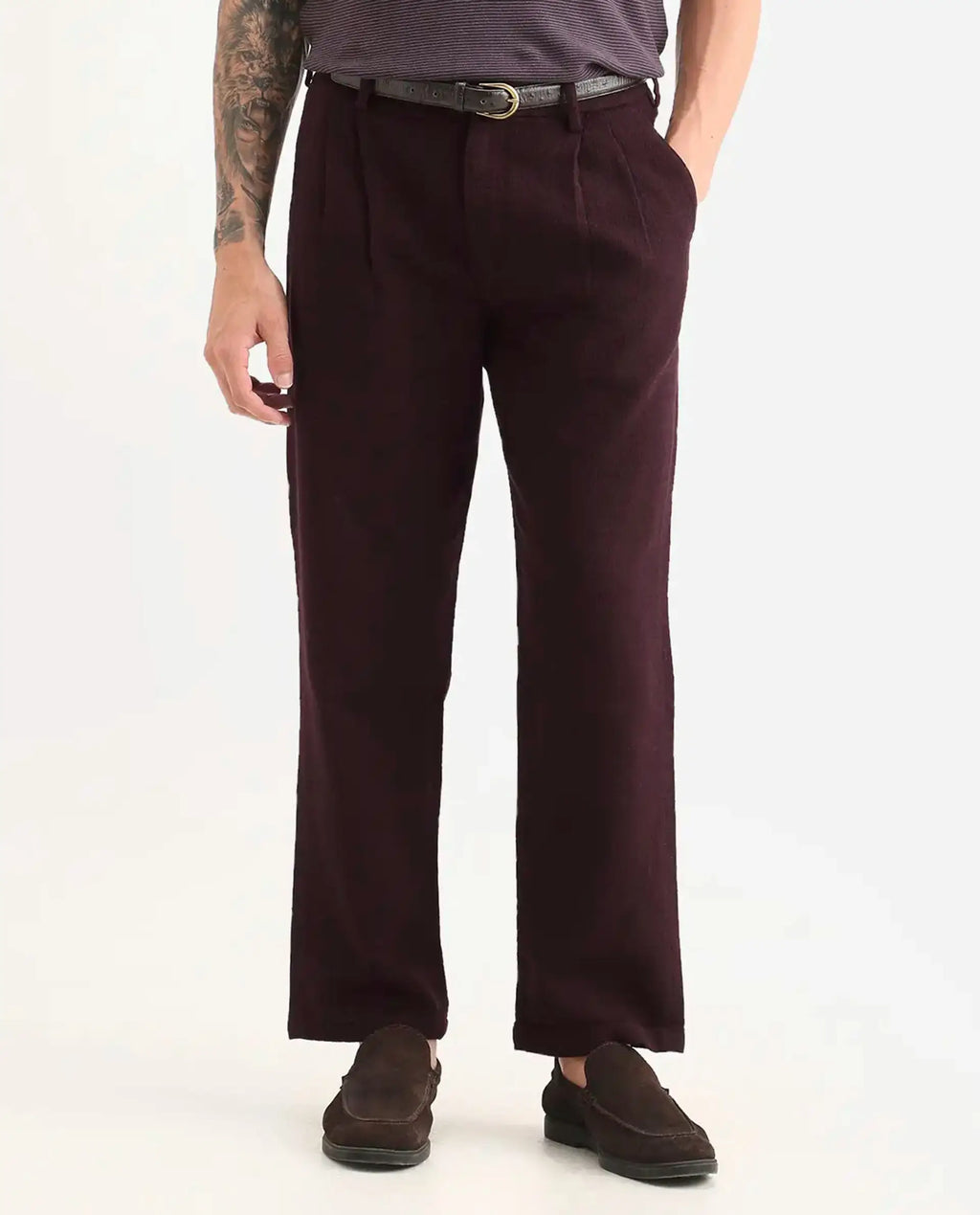 Rare Rabbit Men's Neux Dark Maroon Cotton Fabric Regular Fit Textured Trouser