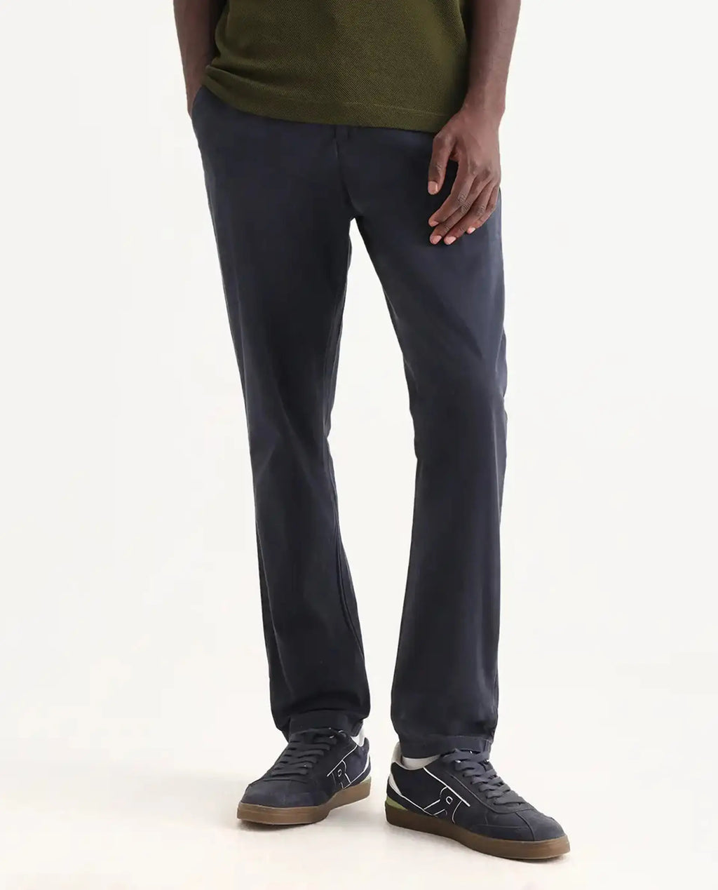 Rare Rabbit Men's Orany Navy Cotton Plain Regular Fit Trouser