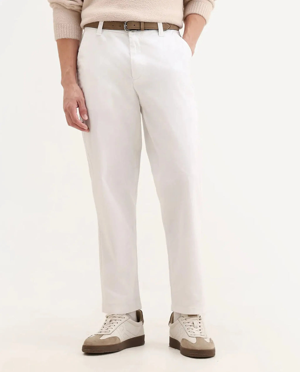 Rare Rabbit Men's Oren White Cotton Plain Straight Fit Trouser