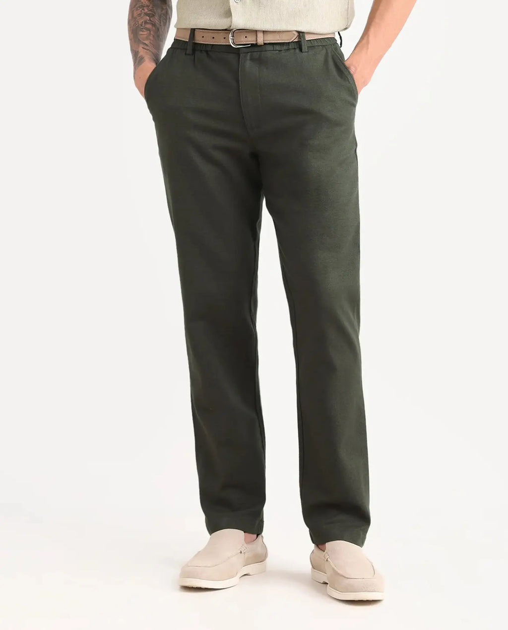 Rare Rabbit Men's Oros Dark Green Cotton Blend Fabric Regular Fit Plain Trouser
