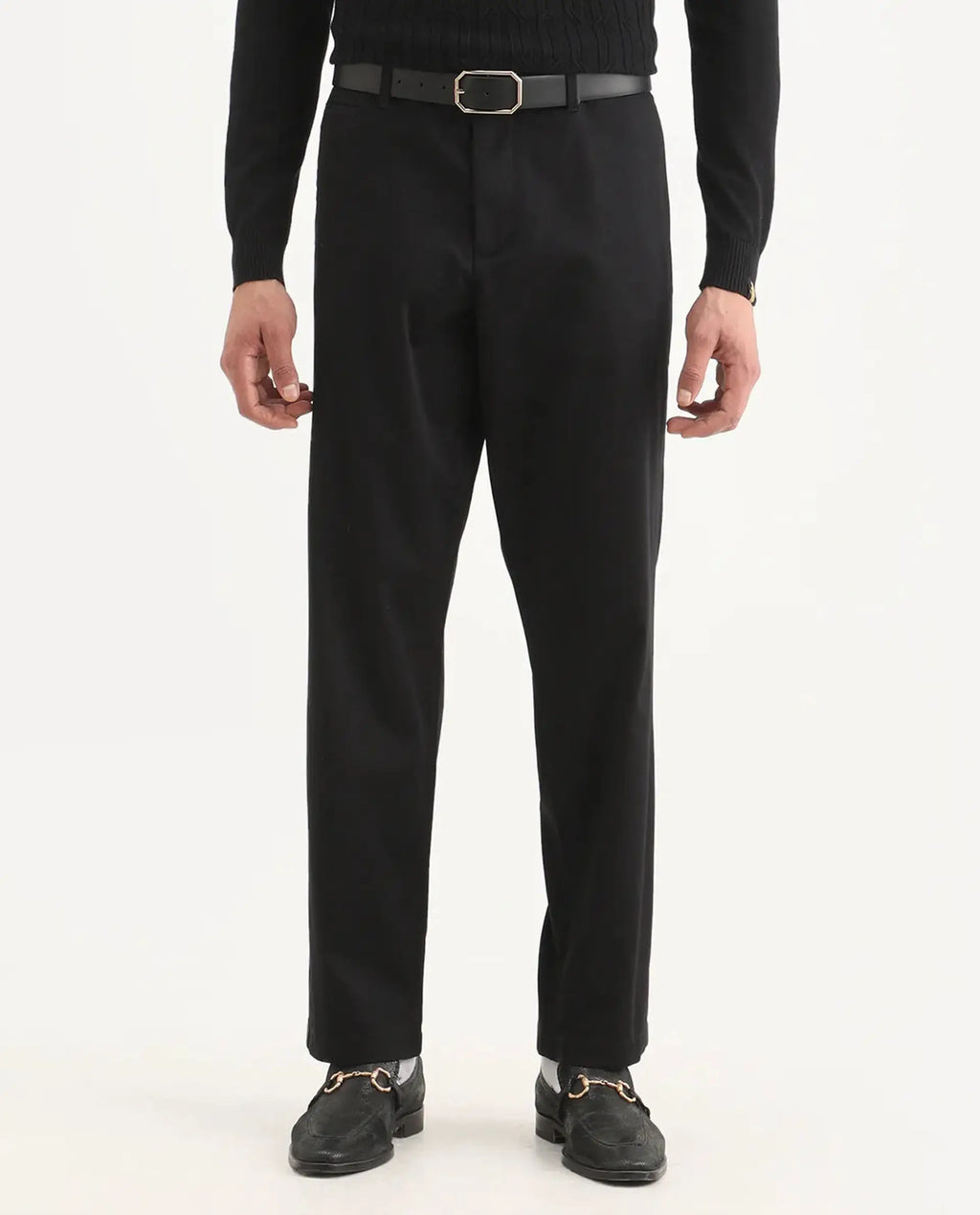 Rare Rabbit Men's Parga Black Cotton Blend Fabric Regular Fit Plain Trouser